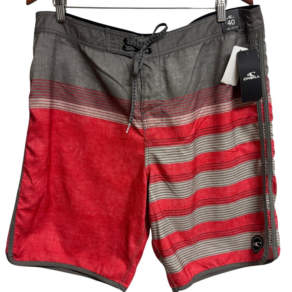 O’Neill Board Shorts Mens Size 40 Red Gray Stripe Surf Swim Stretch New